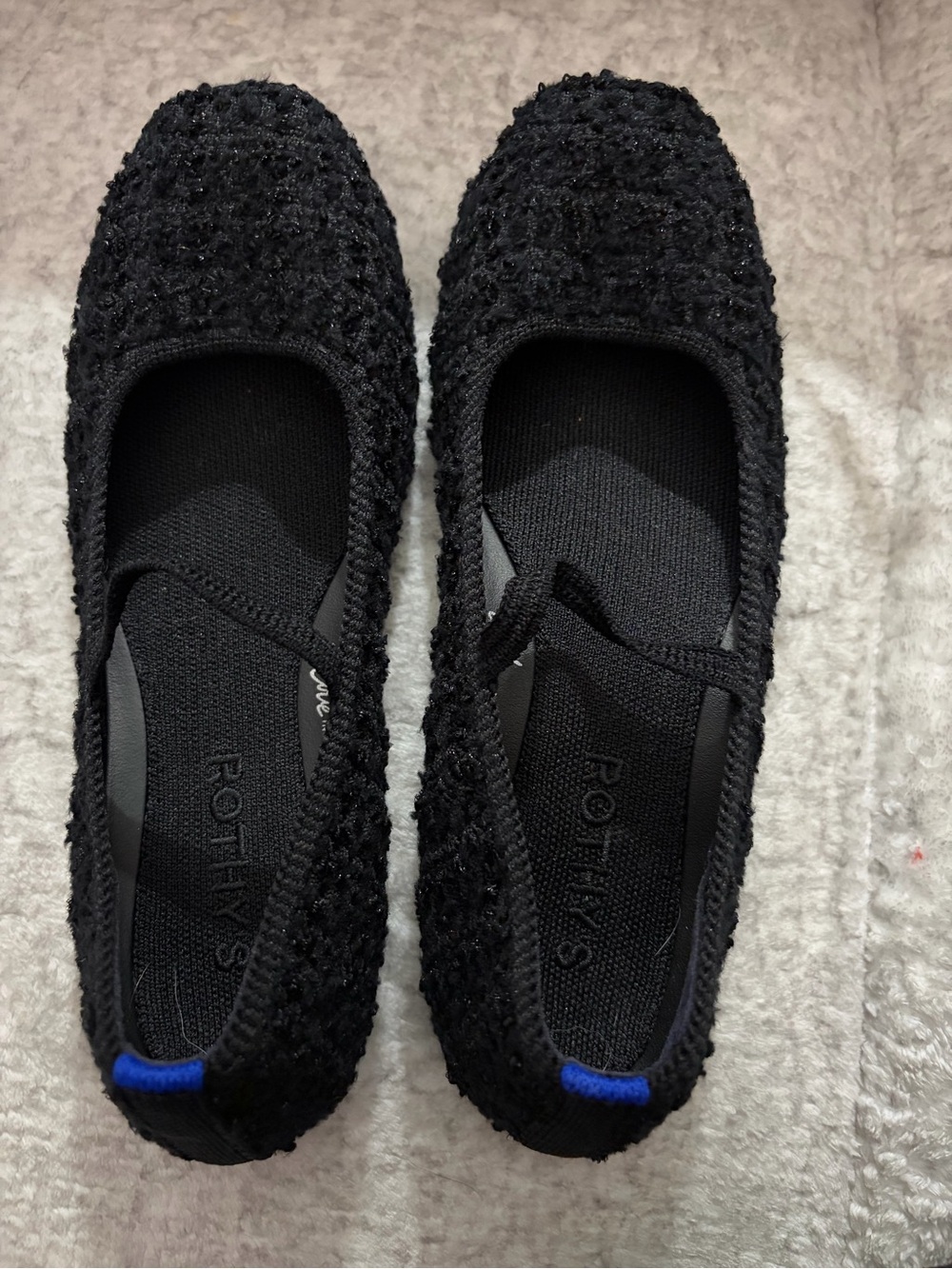 Rothy's Black Knit Slip-On Ballet Flats with Blue Heel Tab Sz 7